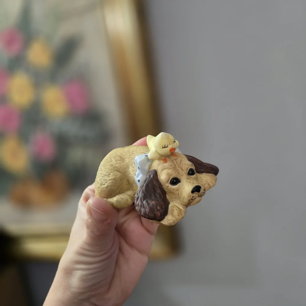 Porcelain Cocker Spaniel Dog with Chick Duck Vintage Miniature Figurine Decor
